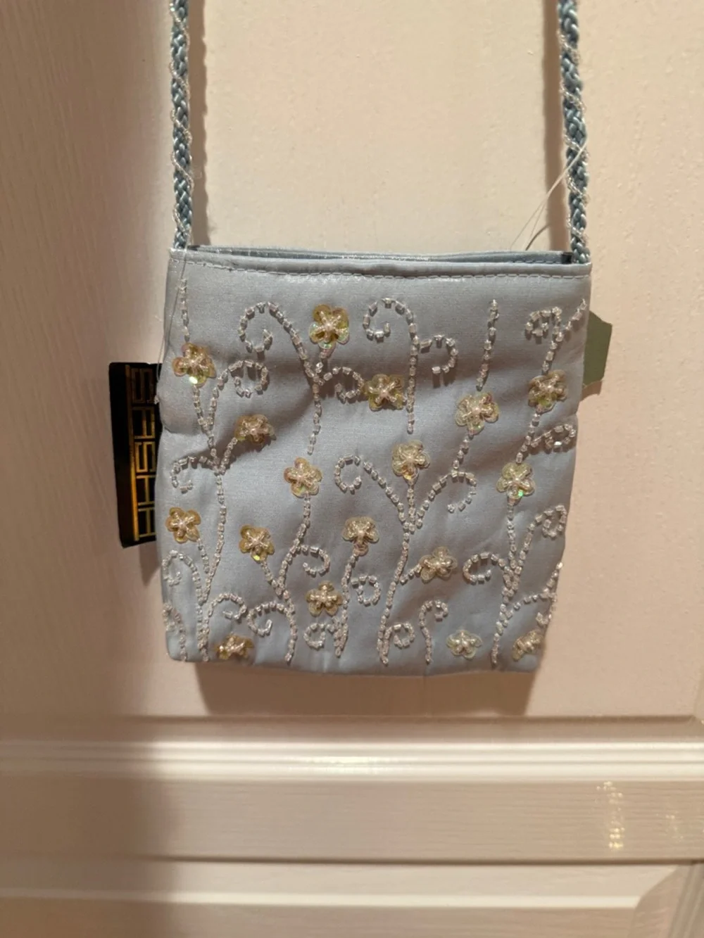 Embroidered Light Blue Crossbody Purse with Braided Strap